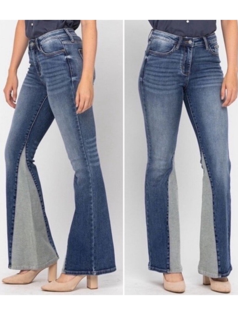 Judy Blue Frankie Two Tone High Rise Flare Med Wash Stretch Jeans Boho Y2K 13/31
